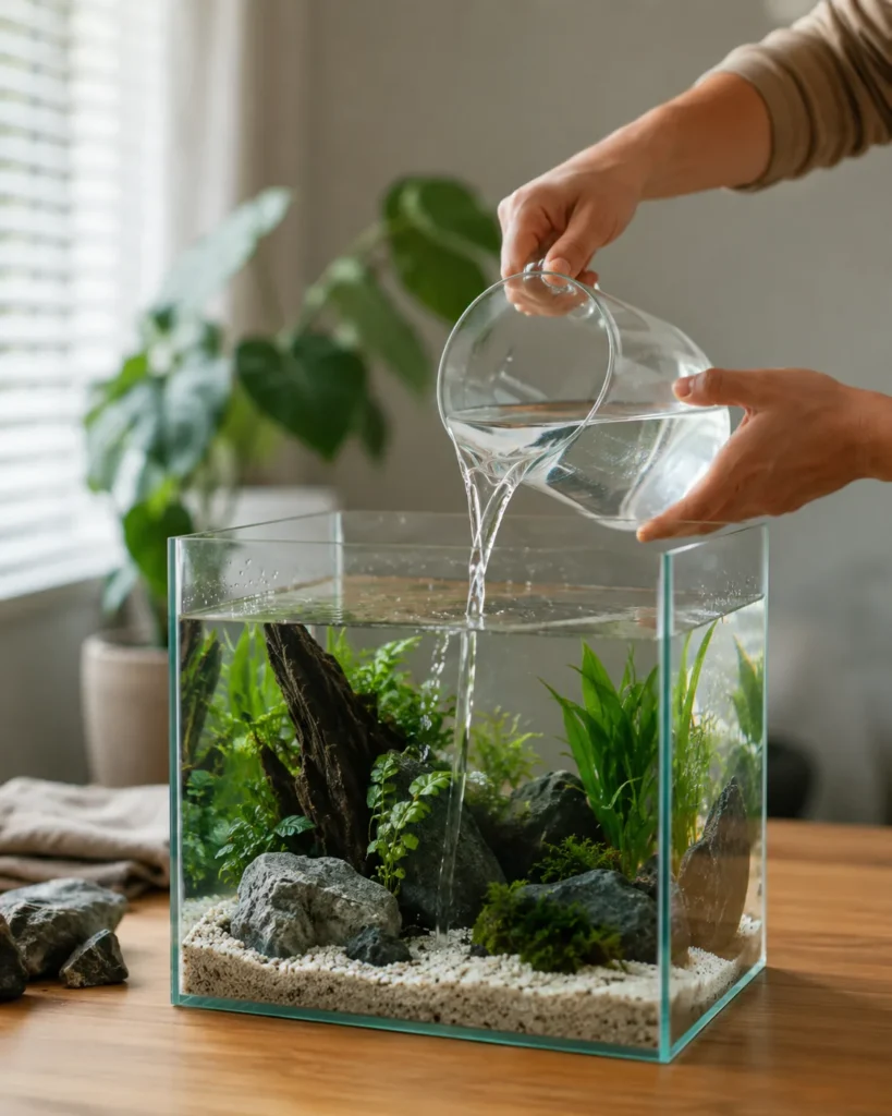 Enchendo o aquário com água devagar após montar o substrato e a decoração