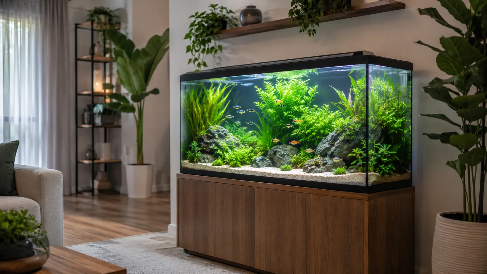 Como montar um aquário para iniciantes: aquário plantado e pronto em sala de estar