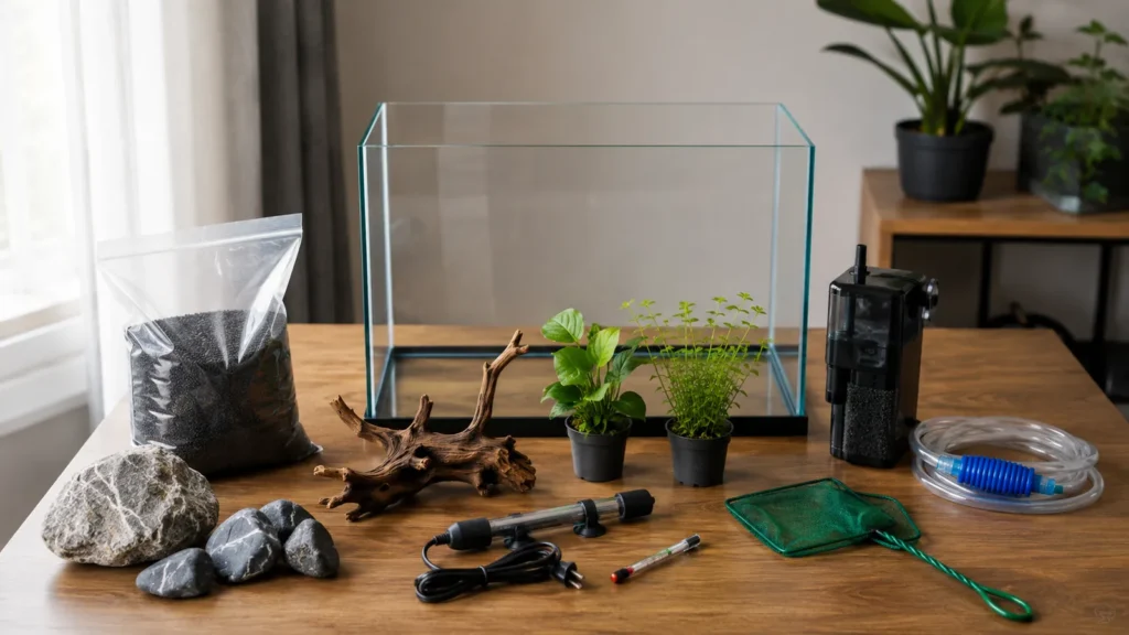 Materiais para montar aquário: substrato, filtro, aquecedor, plantas e decoração