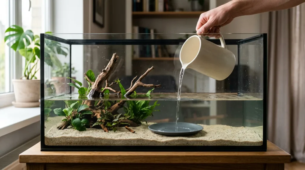 Enchendo o aquário com água devagar após montar o substrato e a decoração