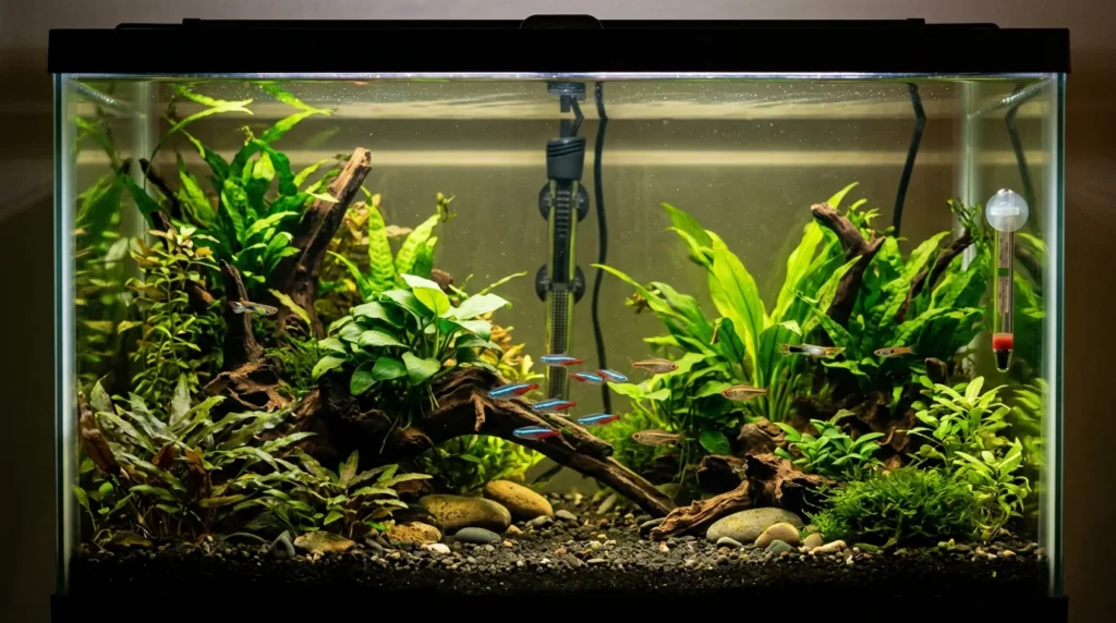Aquário tropical plantado mantido em temperatura estável