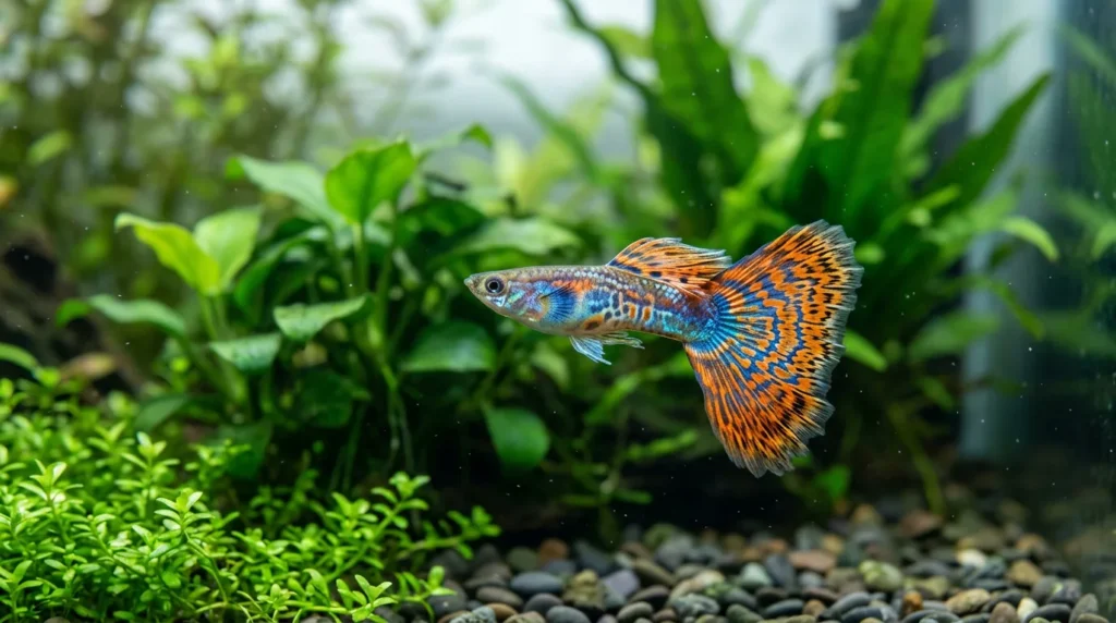 Guppy macho de cauda colorida em destaque perto de plantas do aquário