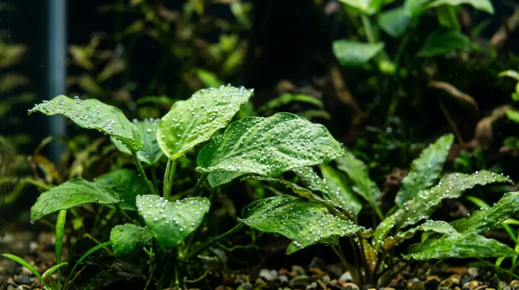 Plantas aquáticas verdes em detalhe dentro de um aquário de água doce
