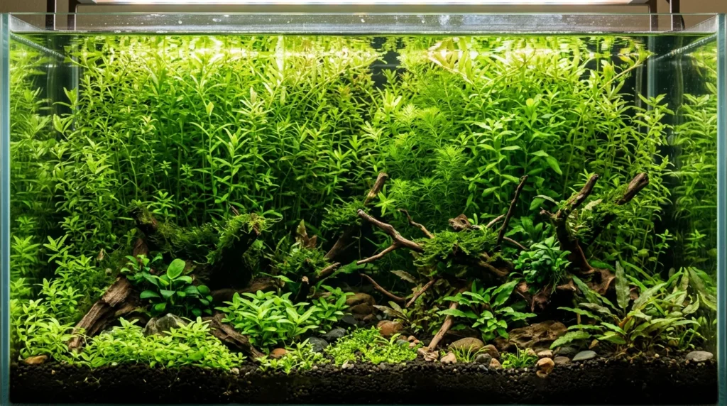 Plantas aquáticas verdes formando um fundo denso no aquário