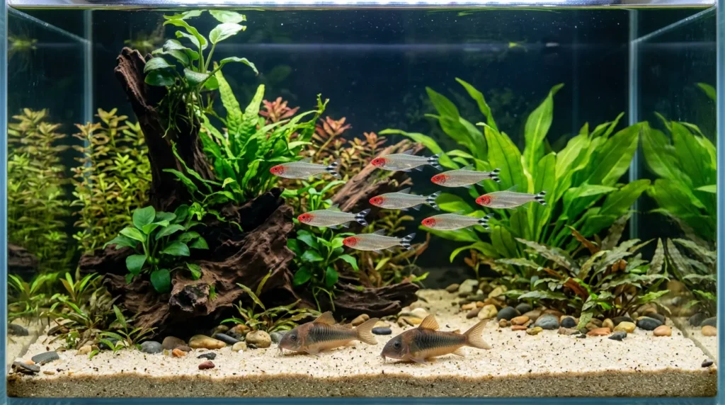 Aquário de água doce bem iluminado com peixes saudáveis
