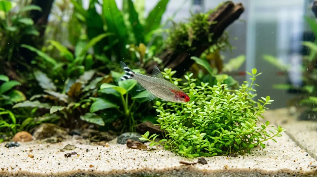 Peixe recém-adicionado explorando o aquário plantado com cautela