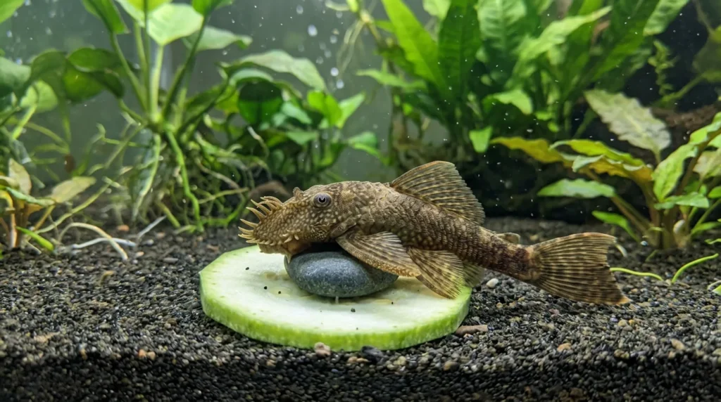 Rodela de abobrinha escaldada presa no fundo do aquário, com um cascudo raspando a superfície
