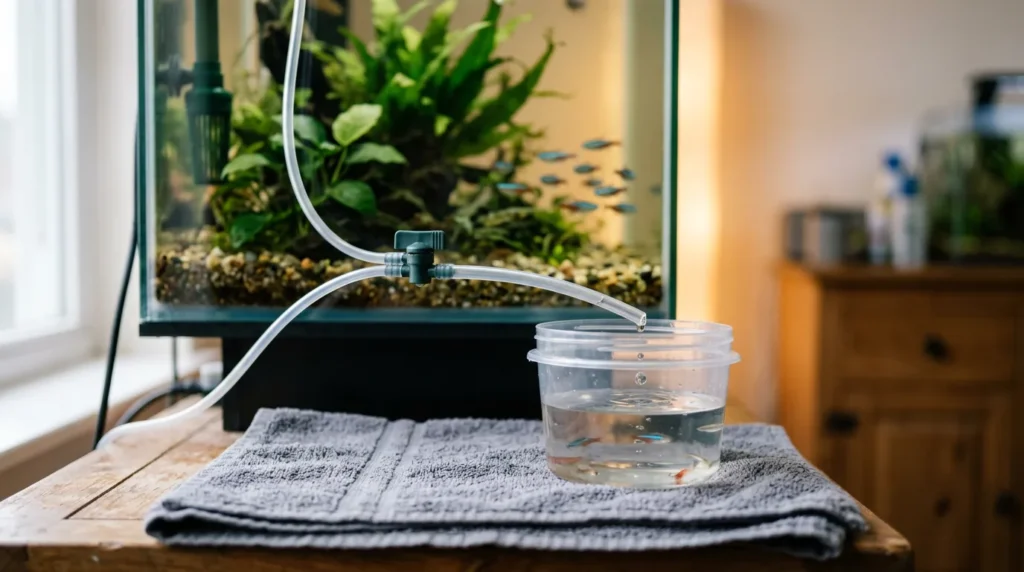 Mangueira fina levando água do aquário gota a gota até o recipiente do peixe