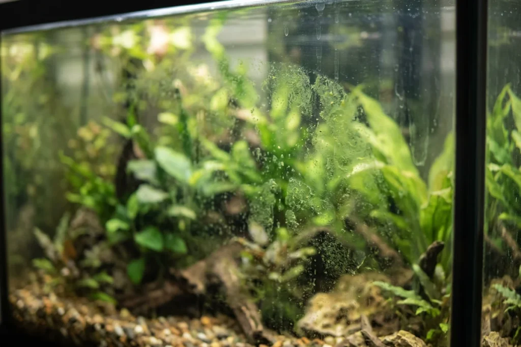 Película de alga verde cobrindo parte do vidro do aquário