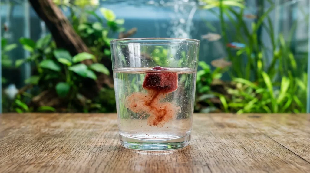 Cubinho de alimento congelado descongelando num copo com água do aquário