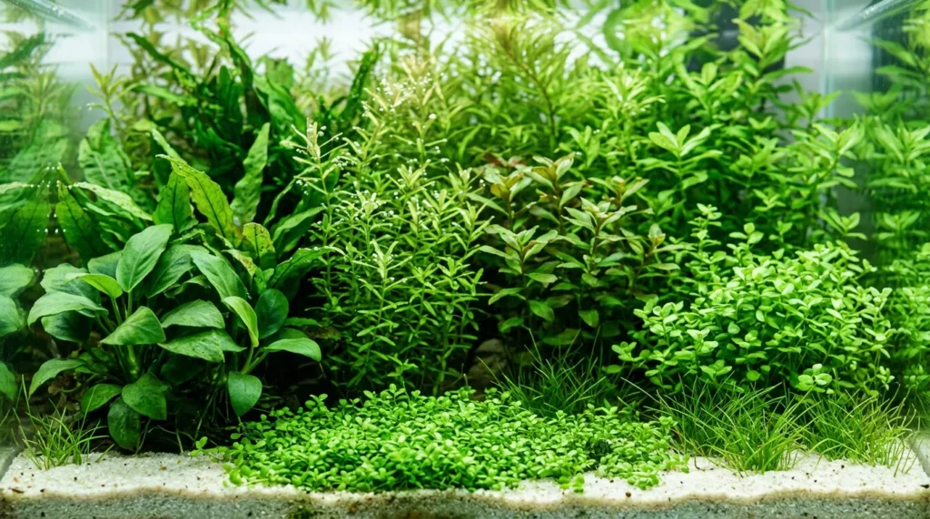Aquário plantado bem iluminado, com as plantas verdes e a água clara