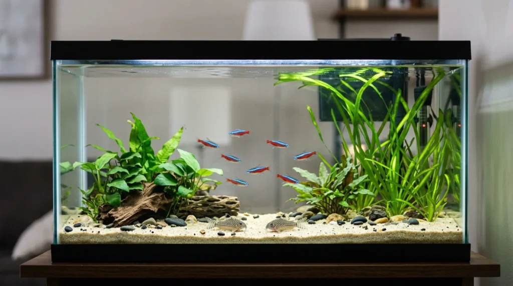 Aquário pequeno com um cardume de tetras e duas corydoras, com espaço de sobra