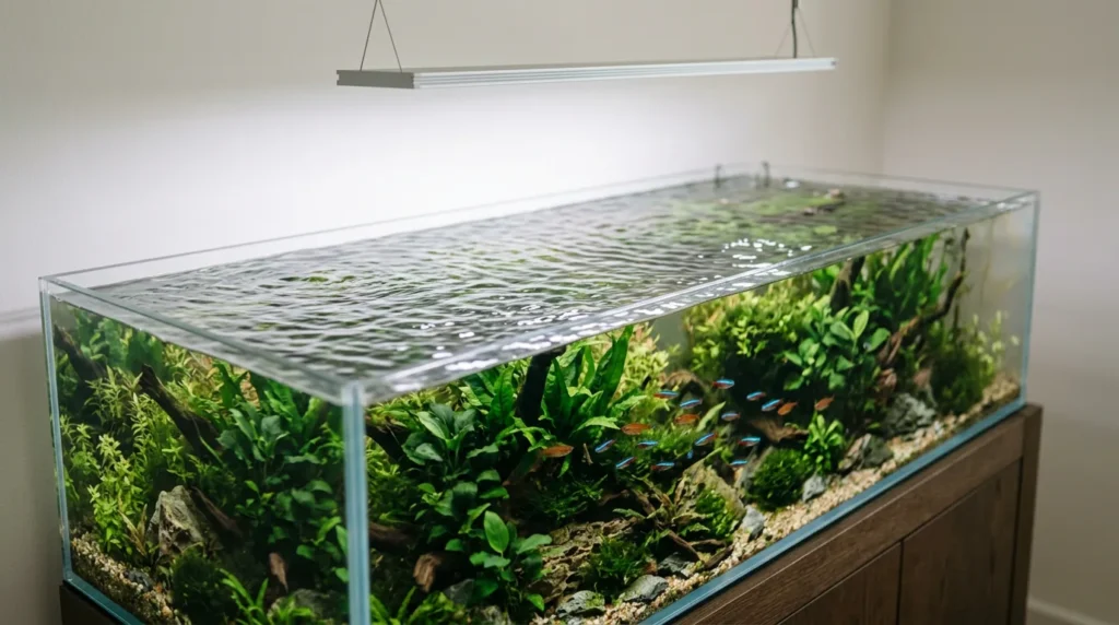 Aquário comprido e baixo, com grande superfície de água exposta ao ar