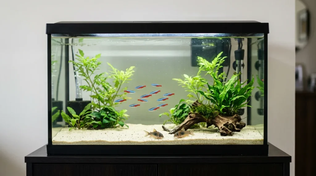 Aquário comunitário de 40 litros com um cardume pequeno e peixes de fundo