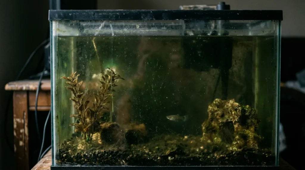 Aquário descuidado, com o vidro tomado por alga verde e a água turva