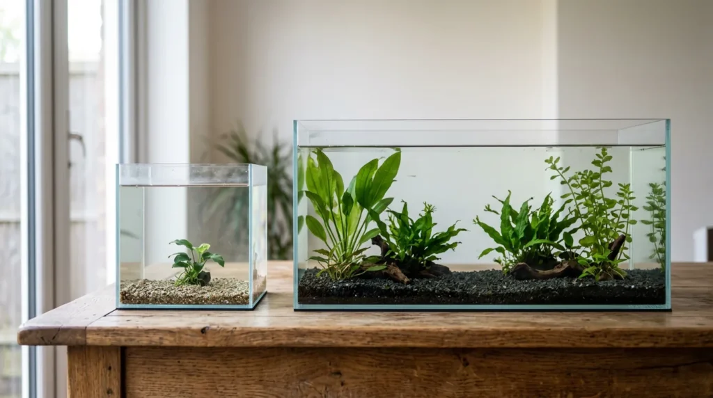 Aquário de dez litros ao lado de um de quarenta, mostrando a diferença de volume