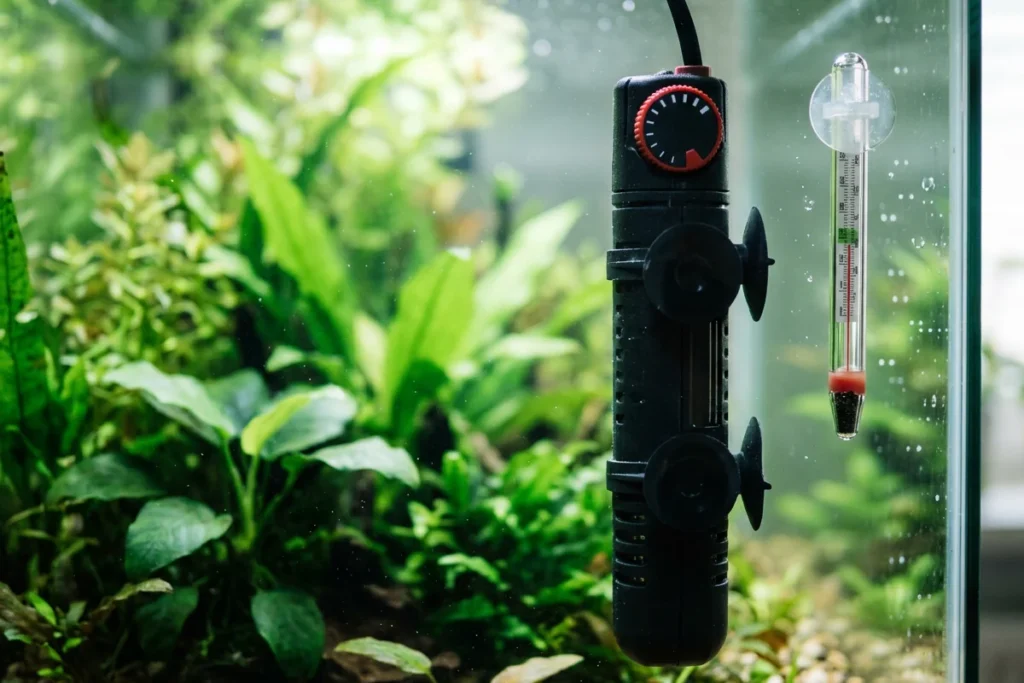 Aquecedor submerso preso ao vidro do aquário, ao lado do termômetro