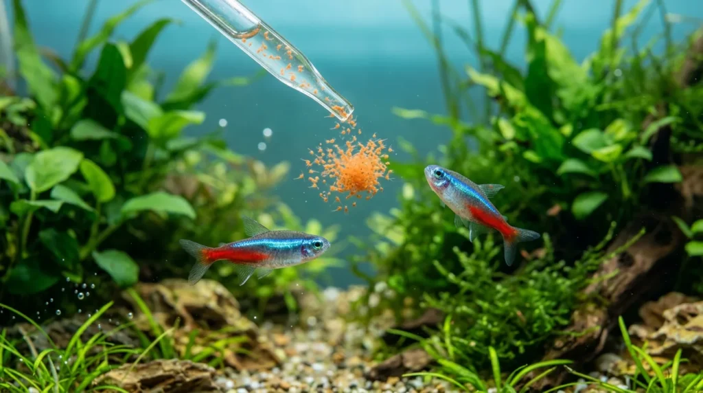 Artêmia recém-eclodida sendo oferecida com uma pipeta a um cardume de tetras