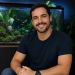 Rafael Lima, autor do Mundo Aquário, em frente a um aquário plantado