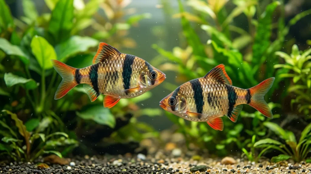 Dois barbos-sumatra, espécie pequena que morde nadadeira de outros peixes