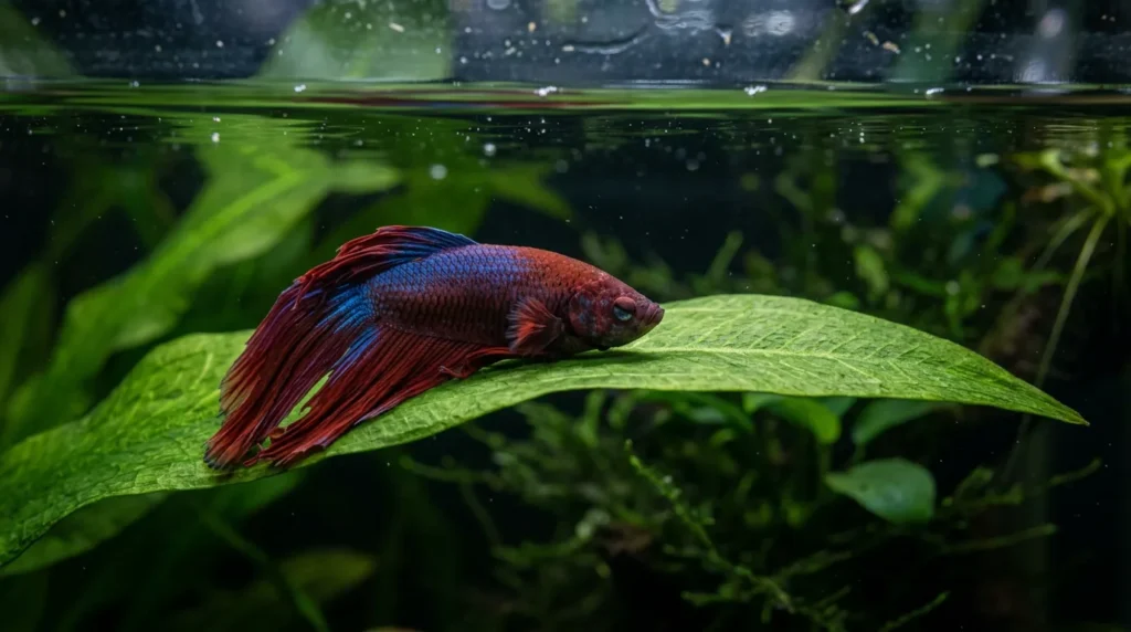 Peixe betta vermelho e azul descansando deitado sobre uma folha larga