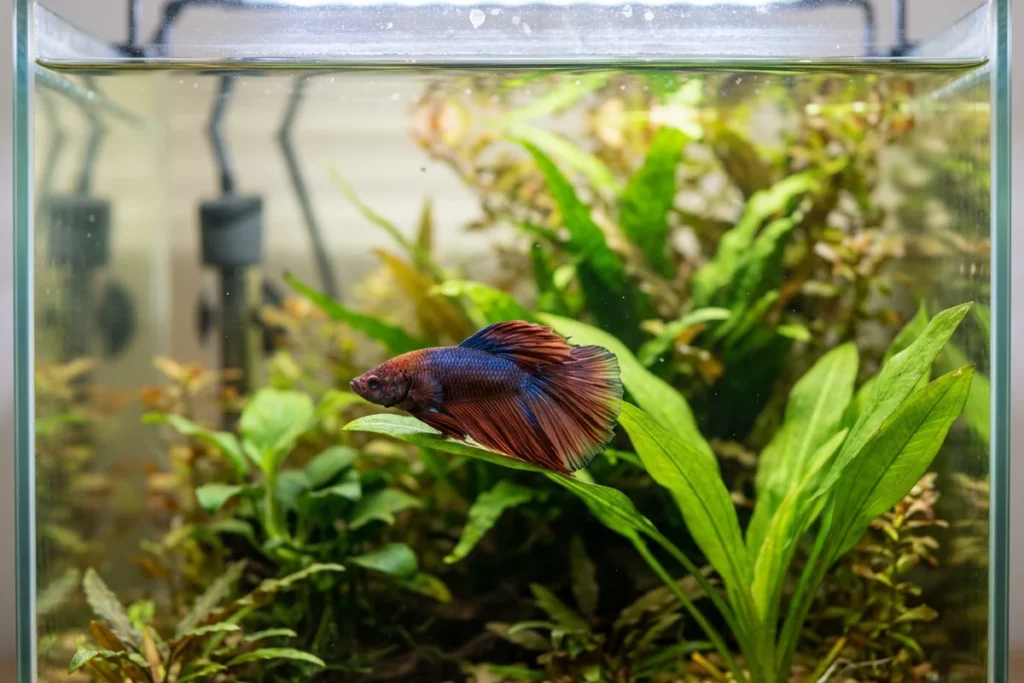 Peixe betta descansando sobre uma folha em aquário plantado e aquecido
