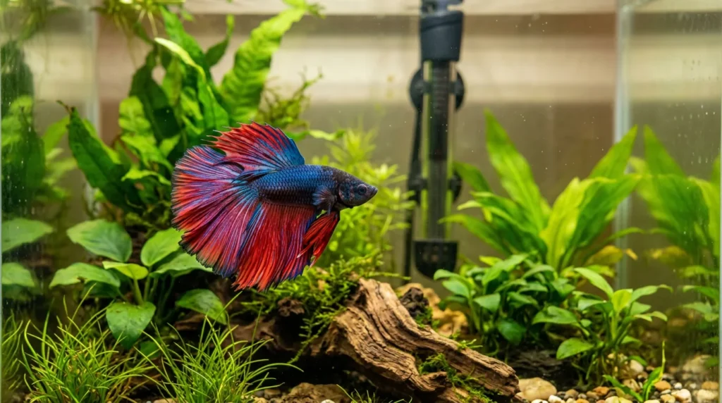 Betta macho de nadadeiras vermelhas e azuis num aquário plantado, com aquecedor ao fundo