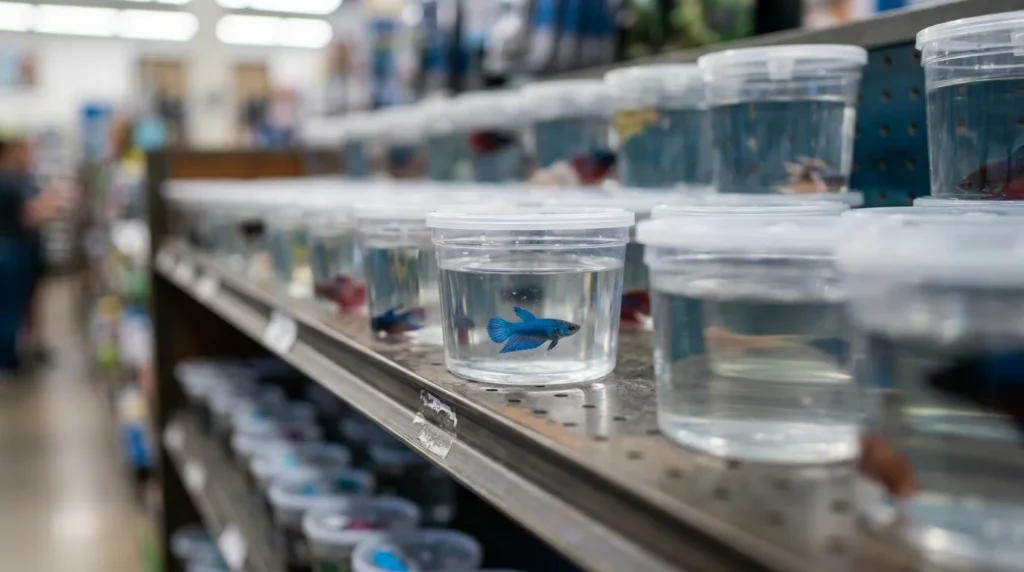 Bettas em copos plásticos pequenos, enfileirados na prateleira da loja