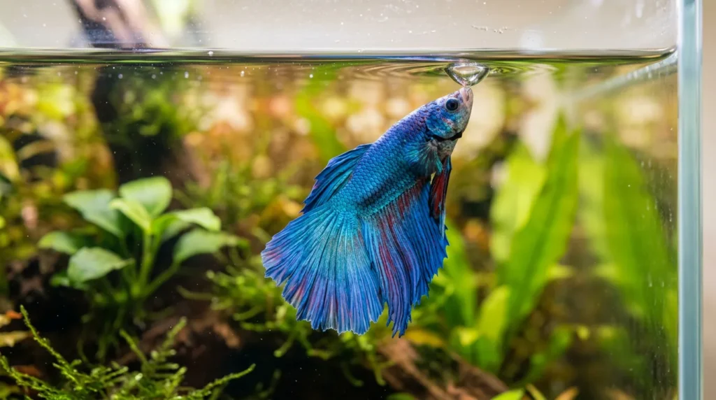 Betta com a boca na superfície engolindo ar, comportamento normal do peixe labiríntico