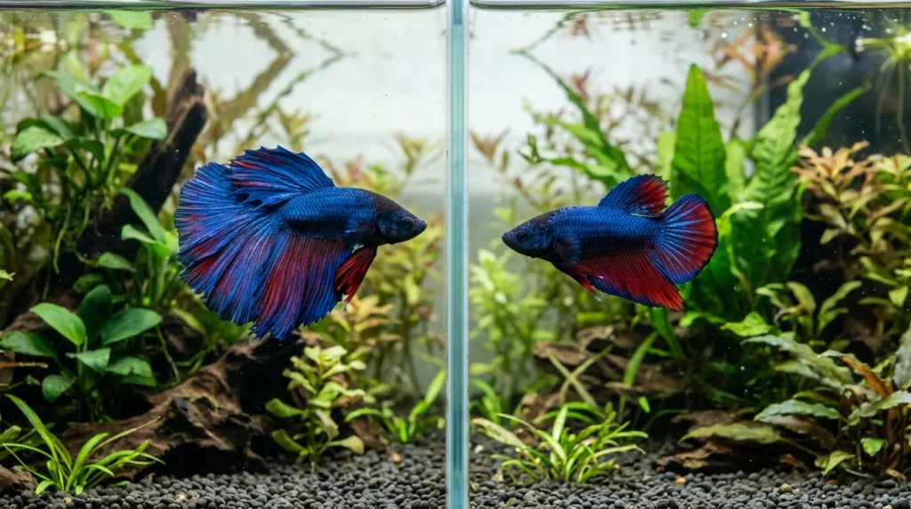 Dois bettas da mesma espécie com tipos de cauda bem diferentes
