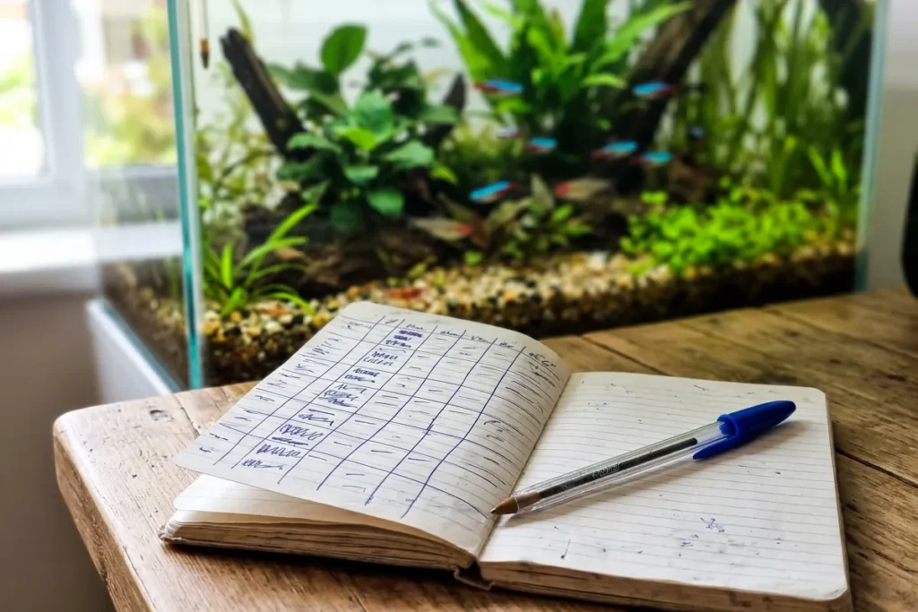 Caderno com tabela de anotação dos testes de água ao lado do aquário