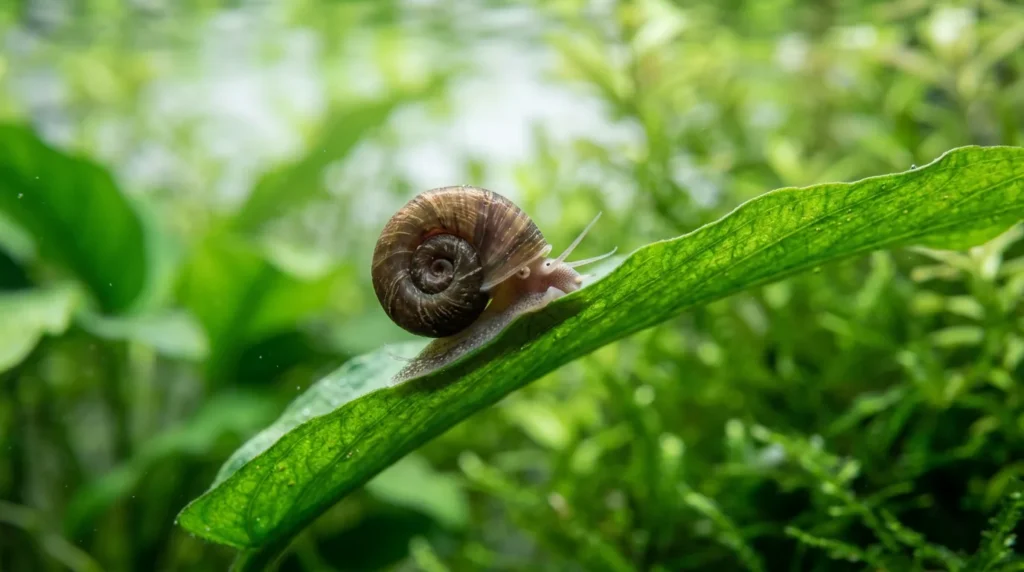 Caramujo pequeno andando sobre a folha de uma planta do aquário
