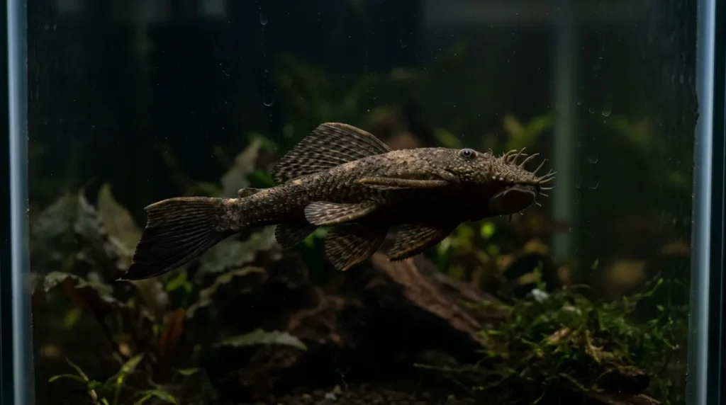 Cascudo ancistrus nadando no aquário à noite, ativo com a luz apagada