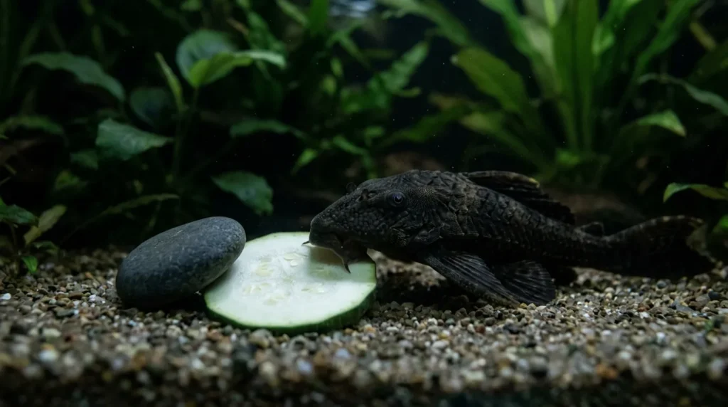 Cascudo comendo uma rodela de abobrinha escaldada presa no fundo por uma pedra