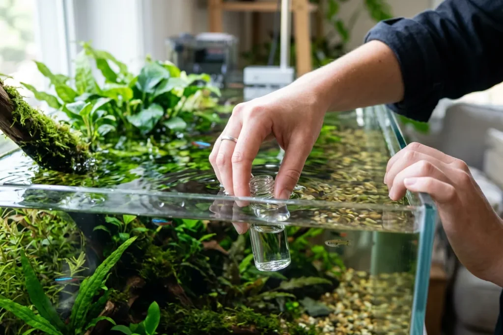 Coleta de amostra de água do aquário com frasco de vidro