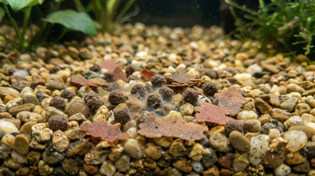 Ração acumulada no fundo do aquário entre grãos de cascalho, sobrando sem ser comida