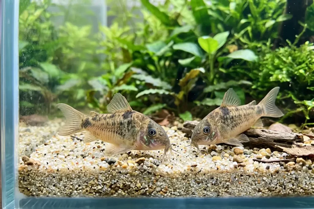 Duas coridoras procurando comida no cascalho do fundo do aquário