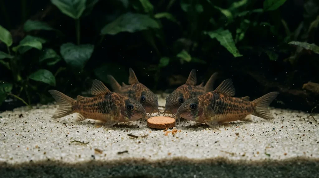 Quatro coridoras comendo uma pastilha de fundo com a luz apagada
