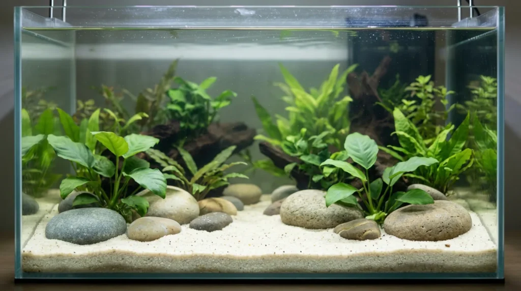 Aquário de telescópio com areia fina, seixos lisos e plantas de folha macia, sem quinas
