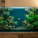 Aquário de água doce à noite, com a luz apagada e um peixe em repouso entre as plantas