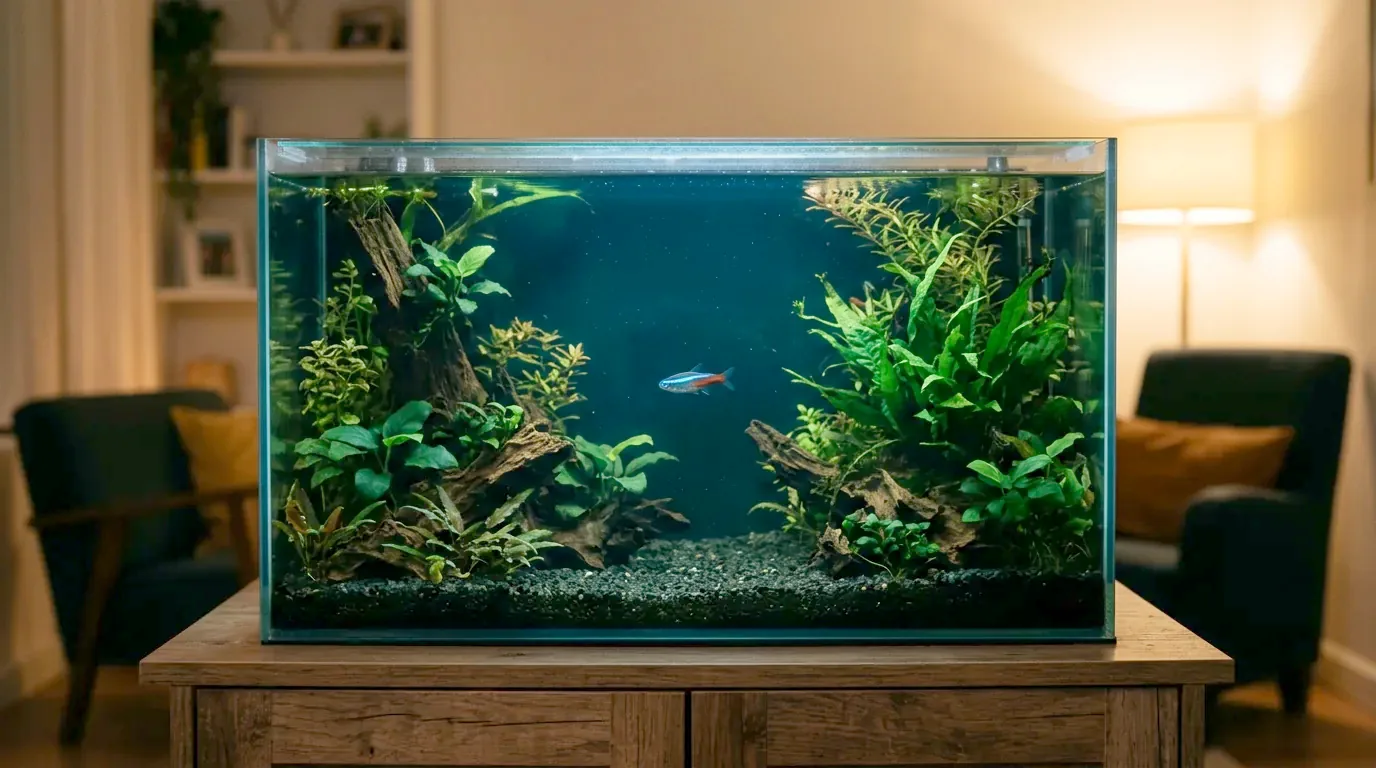 Aquário de água doce à noite, com a luz apagada e um peixe em repouso entre as plantas