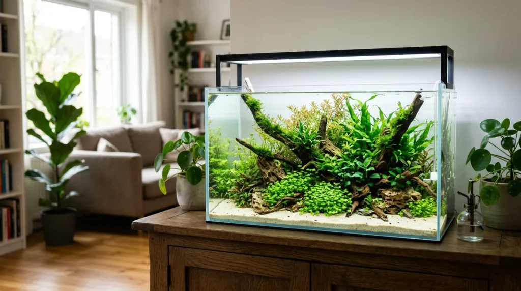 Aquário plantado bem iluminado por uma luminária de LED numa sala