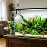 Aquário plantado bem iluminado por uma luminária de LED numa sala