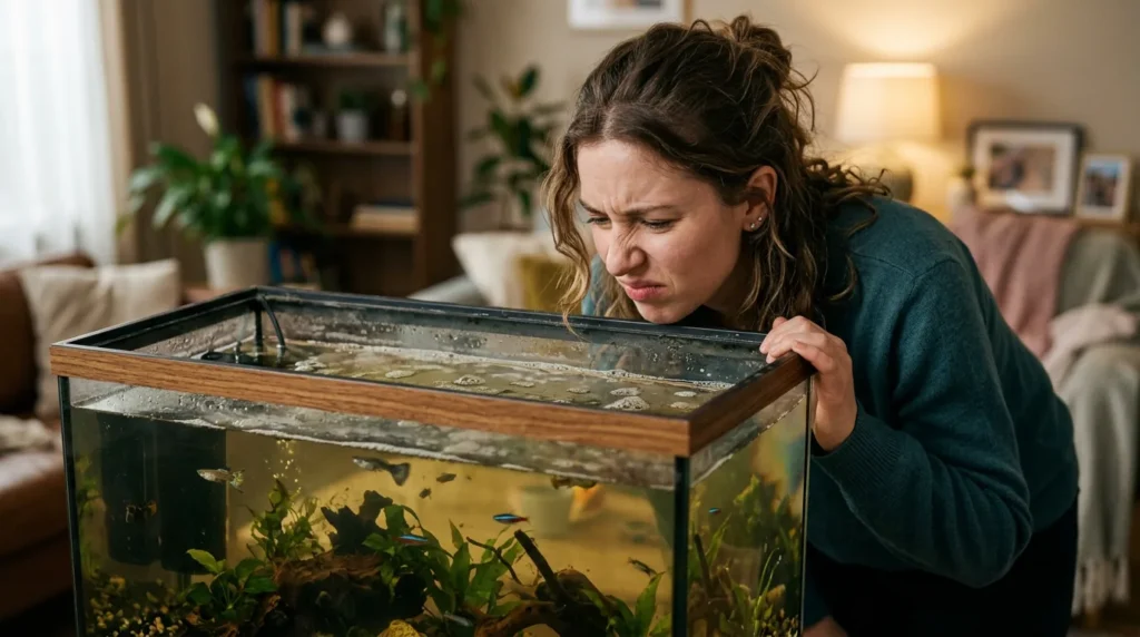 Pessoa de perto do aquário percebendo um cheiro ruim, com película na superfície da água