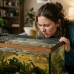 Pessoa de perto do aquário percebendo um cheiro ruim, com película na superfície da água