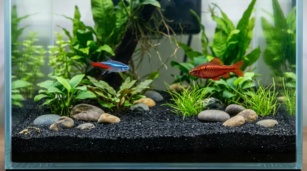 Aquário com substrato escuro, seixos lisos, plantas verdes e dois peixes coloridos