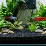 Aquário com substrato escuro, seixos lisos, plantas verdes e dois peixes coloridos