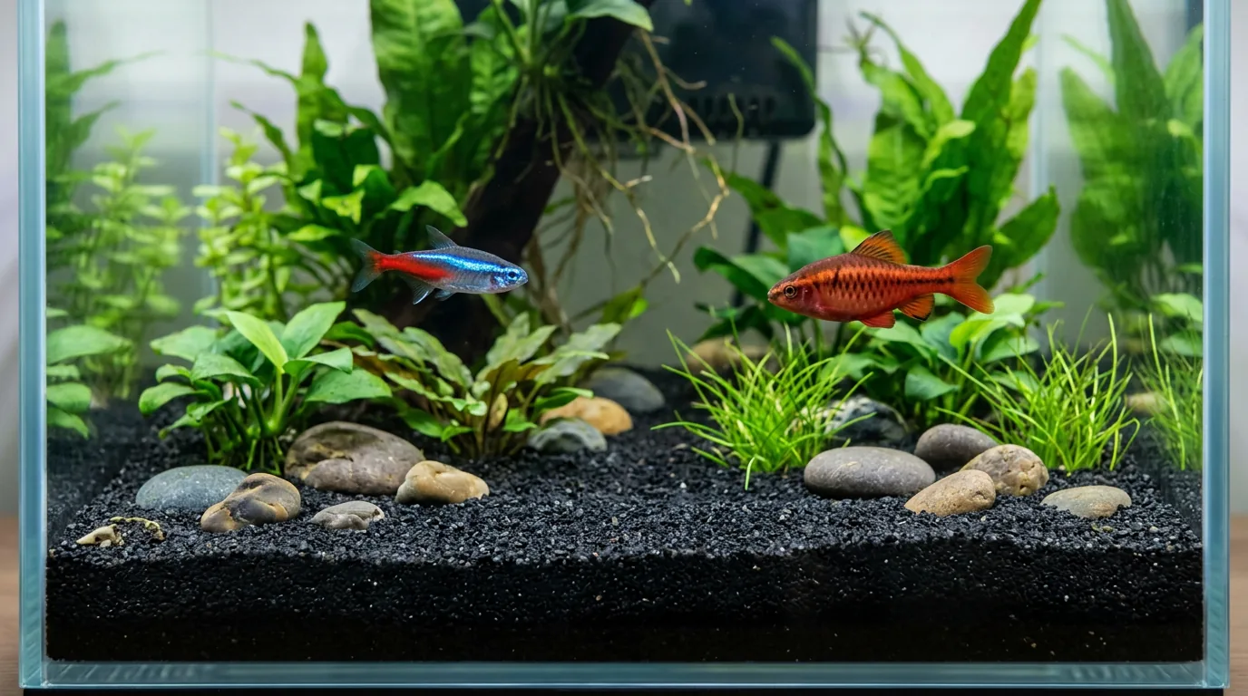 Aquário com substrato escuro, seixos lisos, plantas verdes e dois peixes coloridos