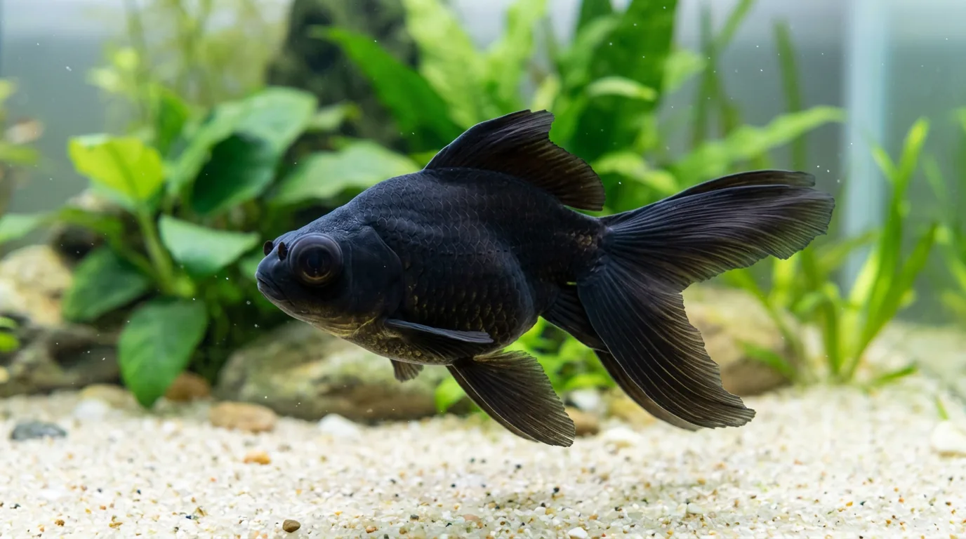 Peixe telescópio preto, de corpo redondo e olhos salientes, nadando no aquário