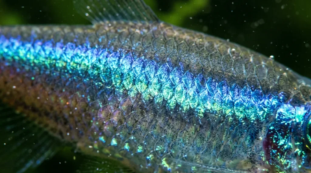 Detalhe da faixa azul iridescente do tetra-neon, cor estrutural que muda com a luz